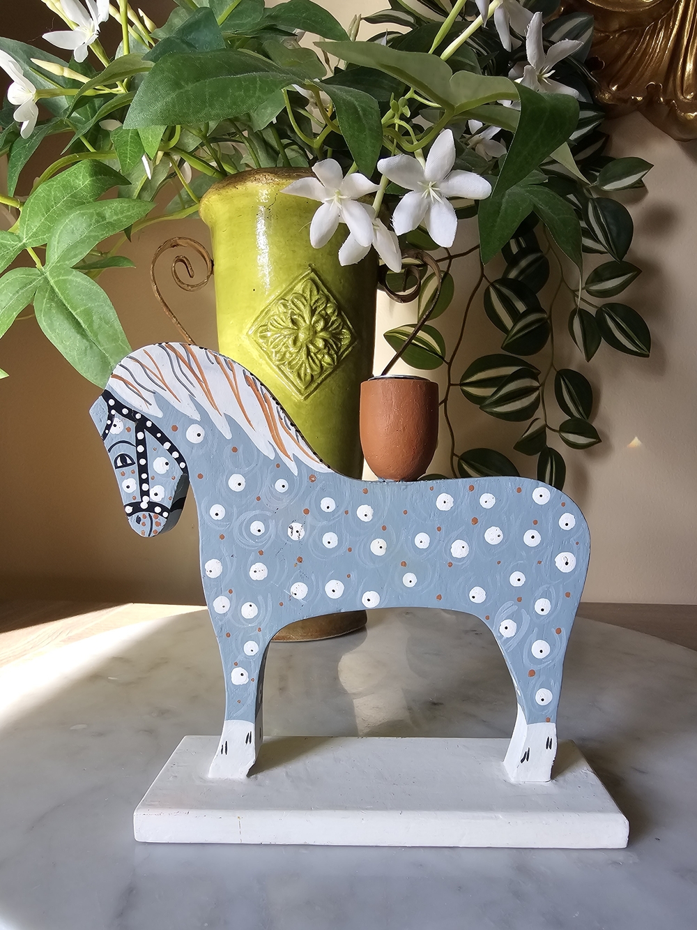 Vintage Hand-Painted Wooden Horse Candle Holder Folk Art